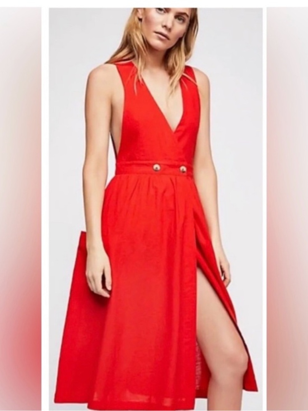 Free People Diana Wrap Midi Dress Red Orange 100% Cotton  Pockets Small